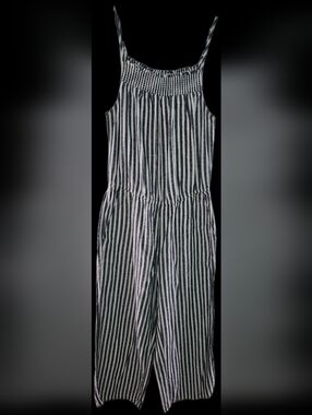 Blue And White Stripe Spagetti Strap Romper 1 Piece Sz S Wide Leg Pockets